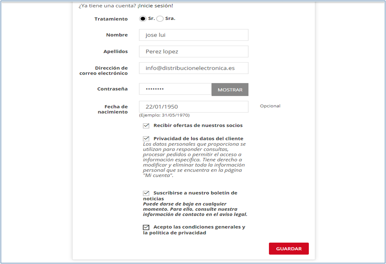 deberá cumplimentar todos los datos solicitados, sus datos personales, direcciones y identificación fiscal. Se registra y se da de alta en nuestro sistema con un nombre de usuario y una contraseña determinada por él cliente. Una vez realizado es procedimiento, sus datos pasarán por un proceso de validación por parte de nuestro administrador de la página, donde se comprobará su información.