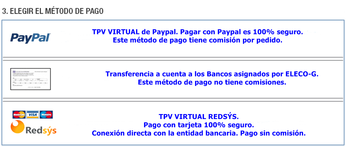 Una vez finalizado el proceso de selección de artículos, se procede a seleccionar la empresa de transporte y la forma de pago. En el caso de seleccionar forma de pago por tarjeta, paypal o trustly, se derivará el control a la pasarela de pago a través de conexión segura SSL. En ningún momento en nuestra tienda se registran los datos de la tarjeta del cliente.